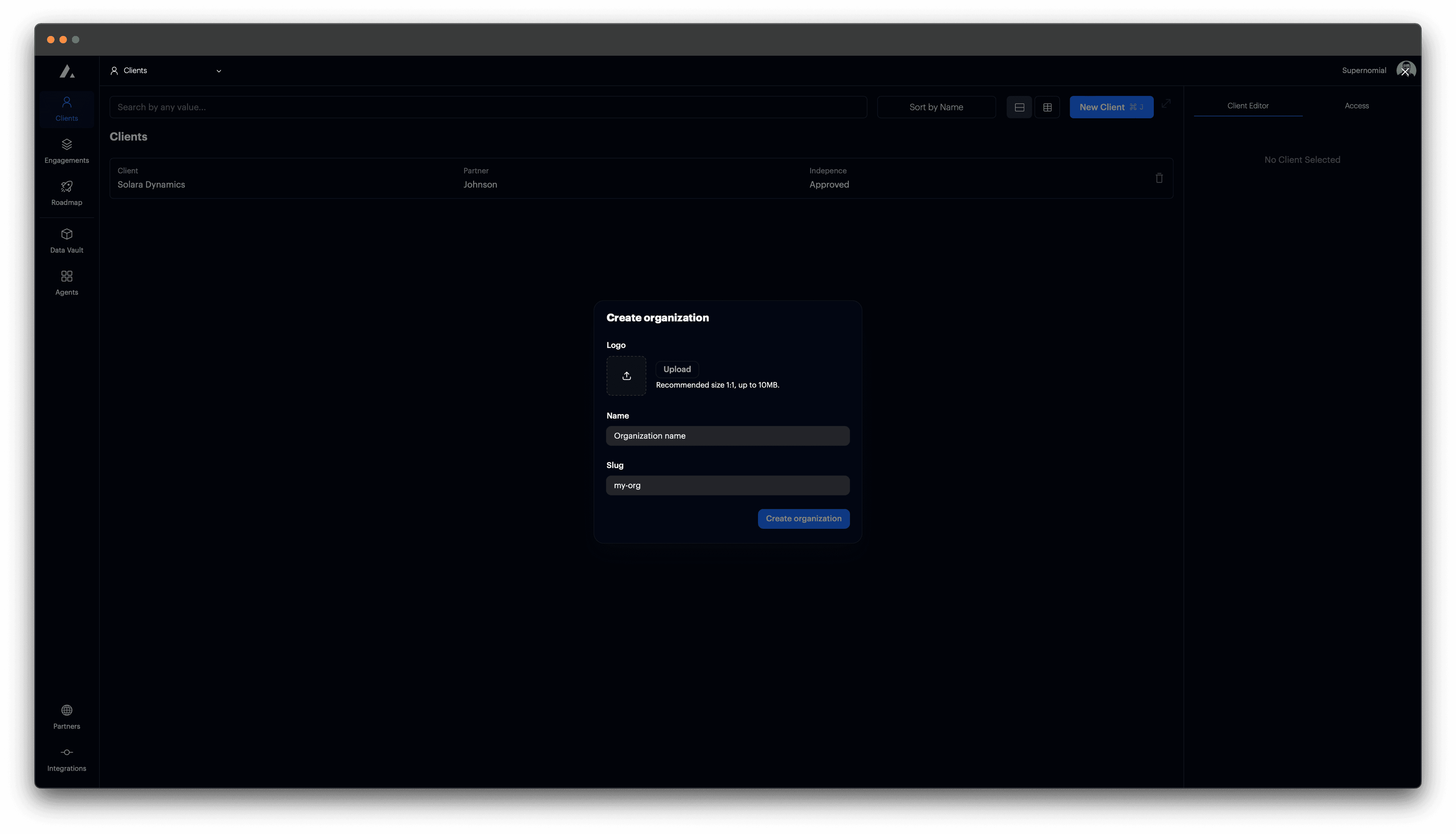t0 screenshot - New organization details